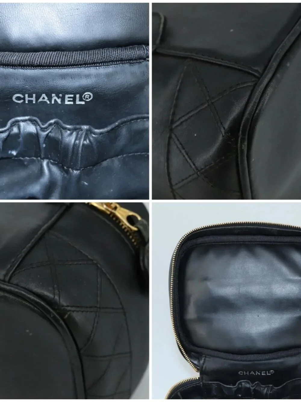 CHANEL Bicolore Vanity Hand Bag Leather Black Gold CC Auth 108585